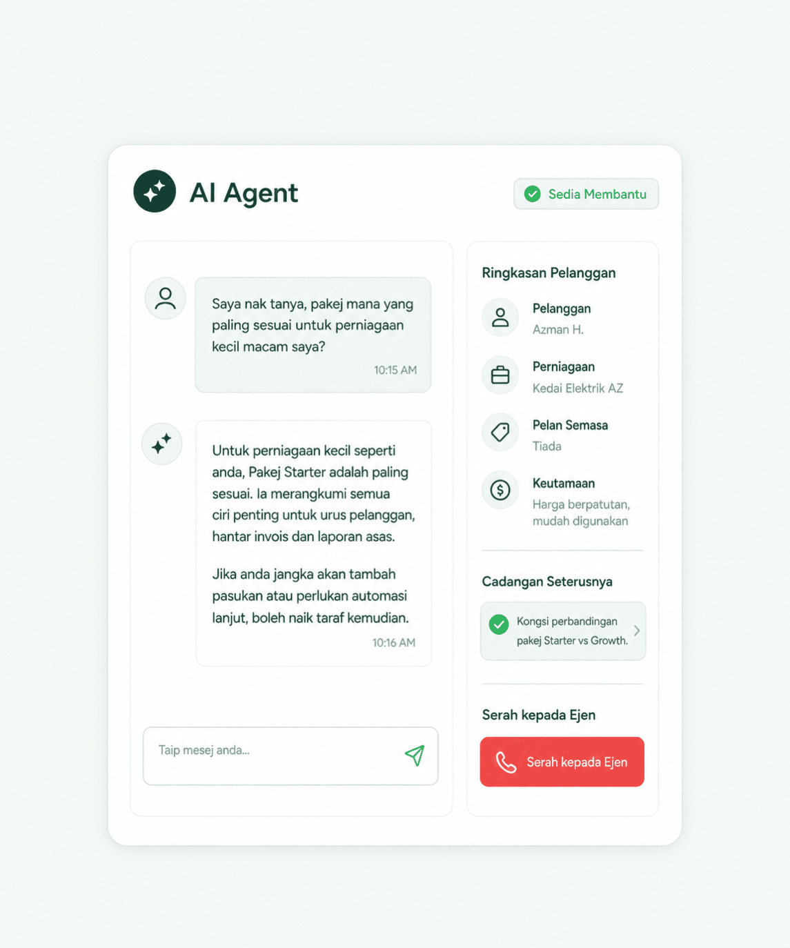 AI Agent Bual Pro menjawab pelanggan dan menyerahkan kepada ejen